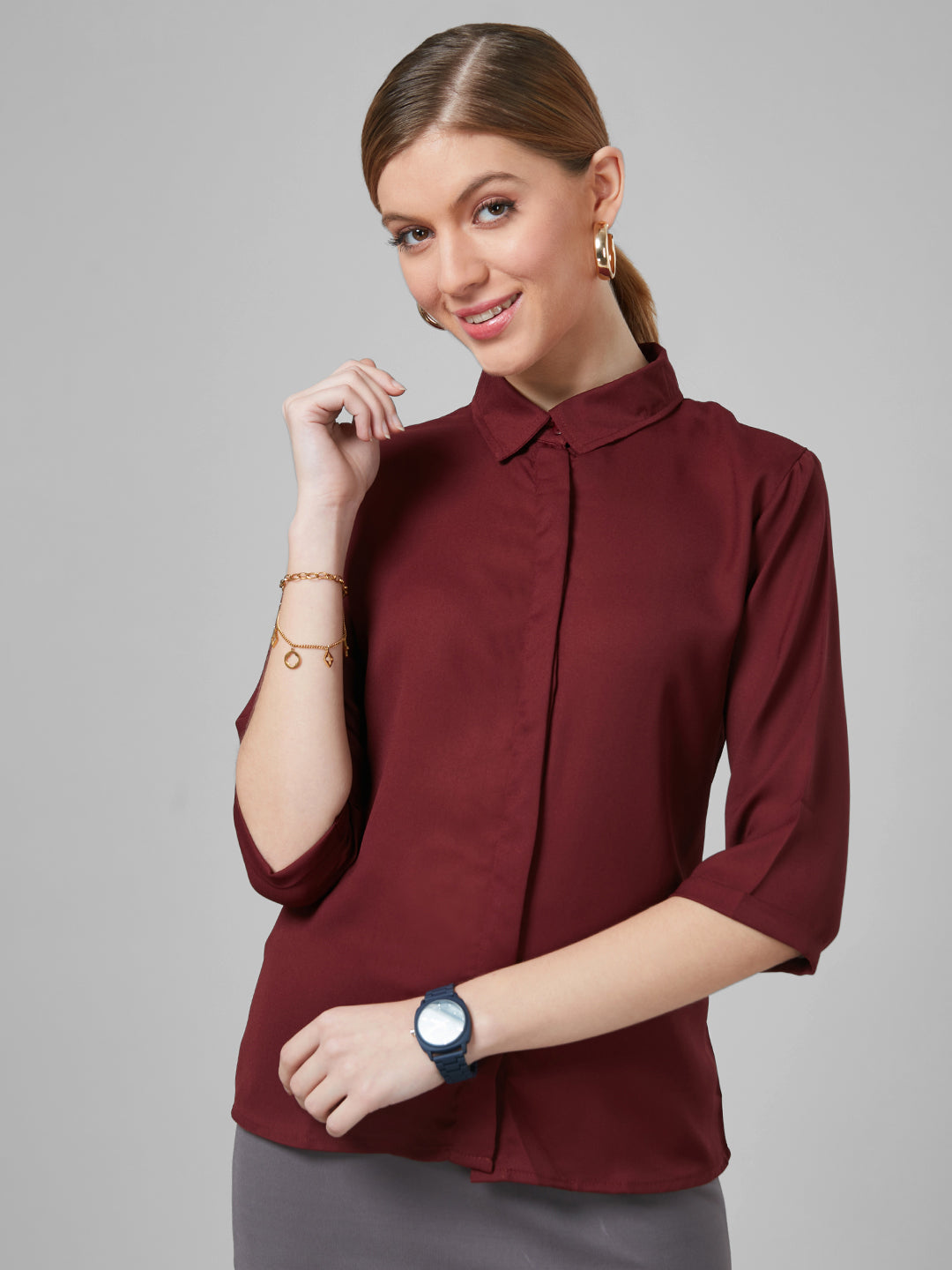 Style Quotient Women Solid Maroon Polymoss Regular Formal Shirt-Shirts-StyleQuotient