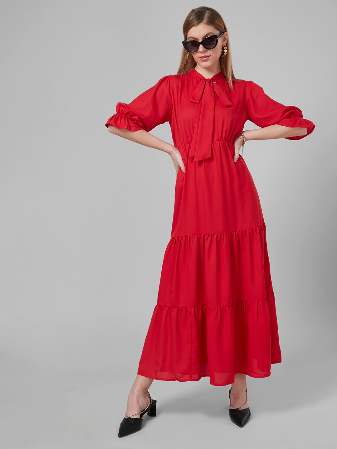 Style Quotient Women Red Solid Polyester Tiered Smart Casual Dress-Dressers-StyleQuotient