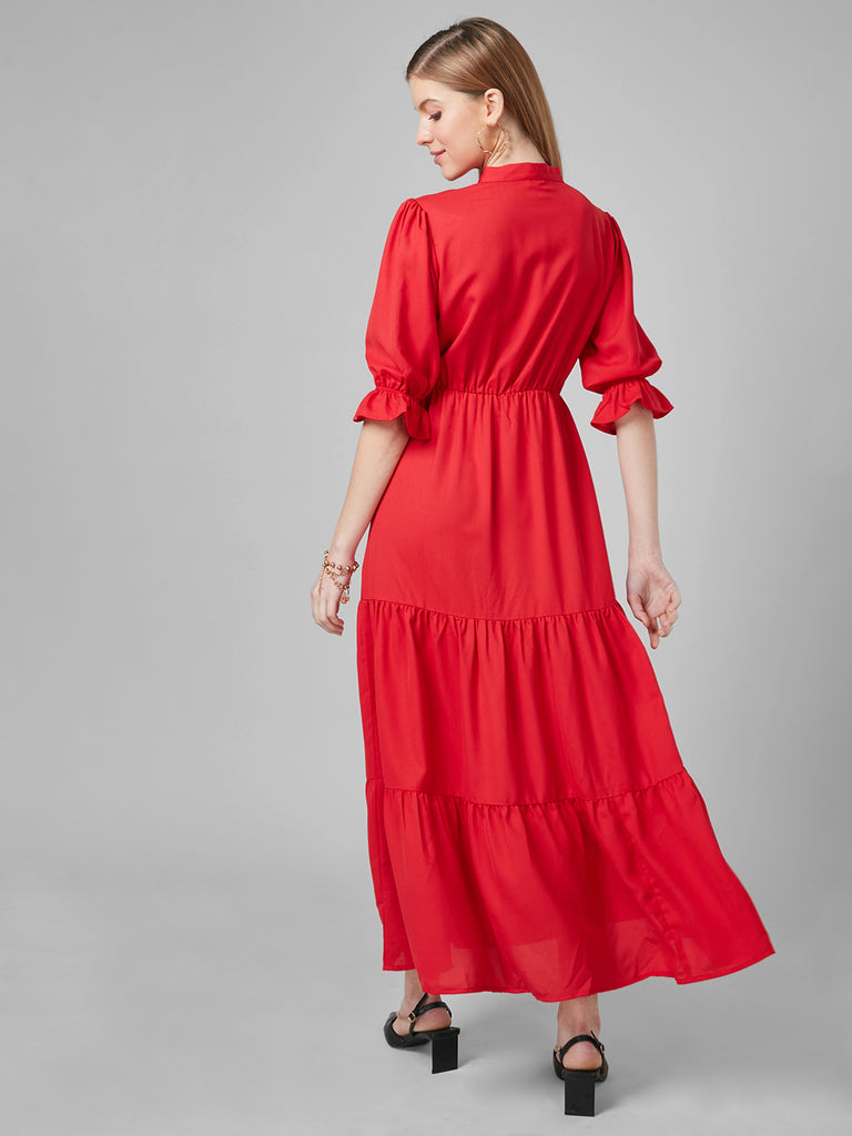 Style Quotient Women Red Solid Polyester Tiered Smart Casual Dress-Dressers-StyleQuotient