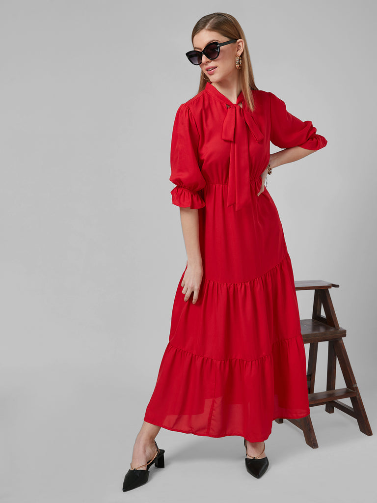 Style Quotient Women Red Solid Polyester Tiered Smart Casual Dress-Dressers-StyleQuotient