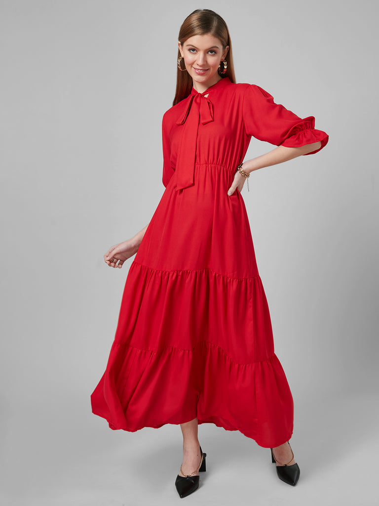 Style Quotient Women Red Solid Polyester Tiered Smart Casual Dress-Dressers-StyleQuotient