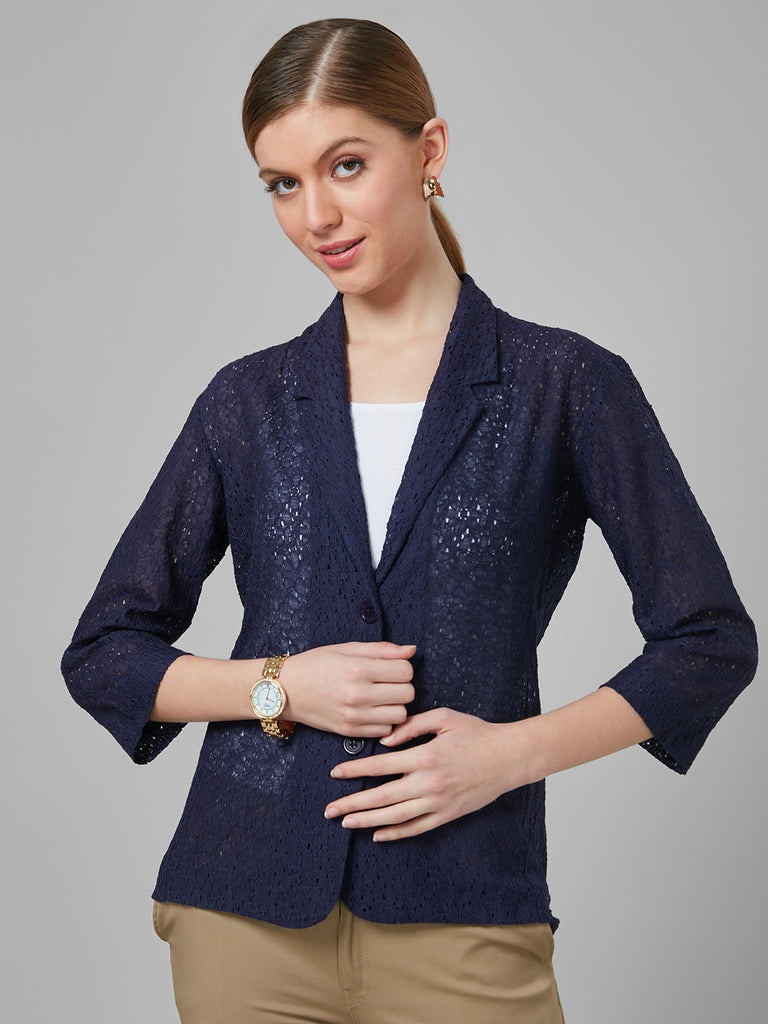 Style Quotient Women Navy Blue Self Design Floral Lace Tailored Smart Casual Jacket-Jackets-StyleQuotient