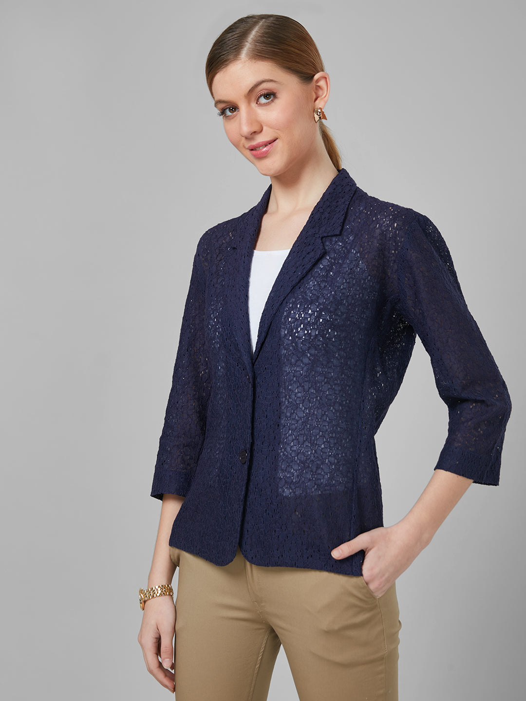 Style Quotient Women Navy Blue Self Design Floral Lace Tailored Smart Casual Jacket-Jackets-StyleQuotient