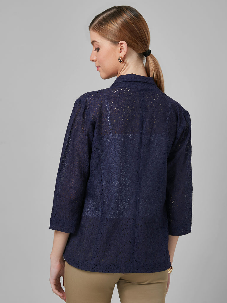 Style Quotient Women Navy Blue Self Design Floral Lace Tailored Smart Casual Jacket-Jackets-StyleQuotient