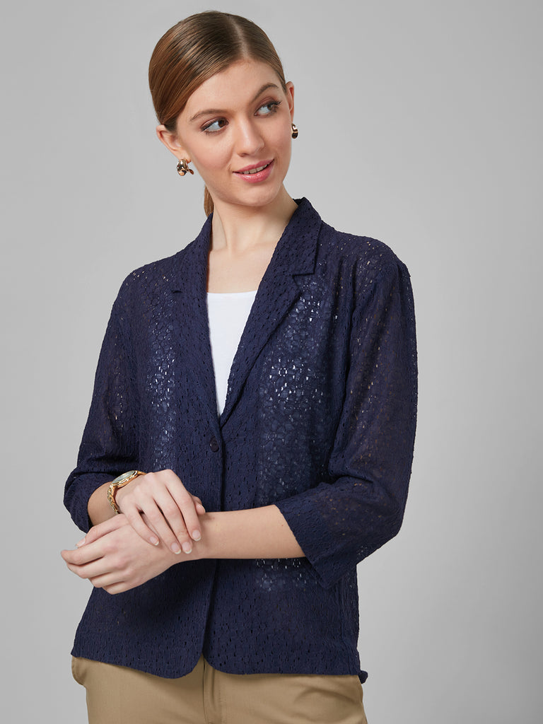 Style Quotient Women Navy Blue Self Design Floral Lace Tailored Smart Casual Jacket-Jackets-StyleQuotient