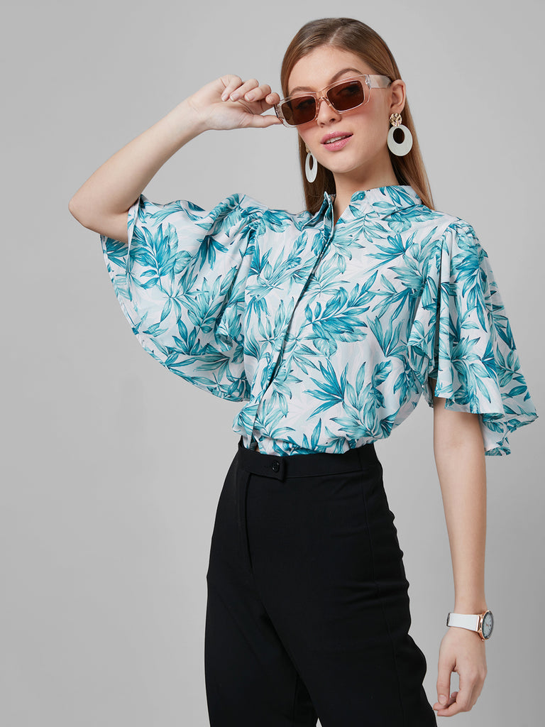 Style Quotient Women White and Blue Tropical Printed Poly Crepe regular Office Shirt Styled Top-Tops-StyleQuotient