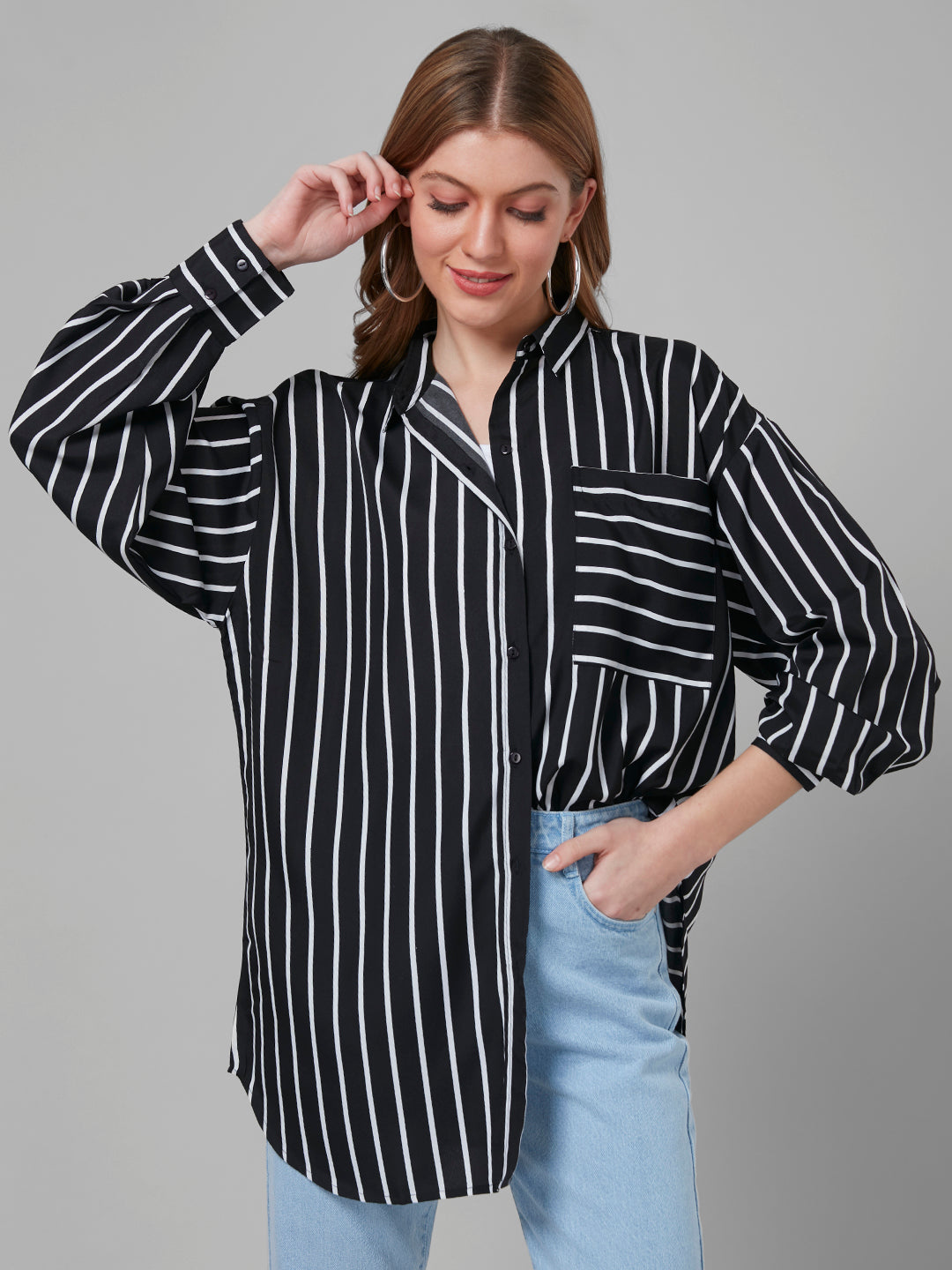 Style Quotient Women Black and White Stripe Printed Poly Crepe Oversized Casual Shirt-Shirts-StyleQuotient