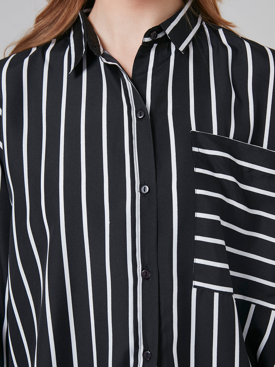 Style Quotient Women Black and White Stripe Printed Poly Crepe Oversized Casual Shirt-Shirts-StyleQuotient