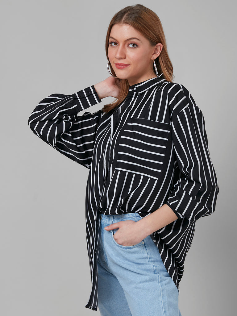 Style Quotient Women Black and White Stripe Printed Poly Crepe Oversized Casual Shirt-Shirts-StyleQuotient