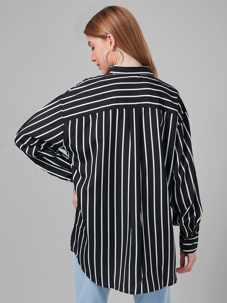 Style Quotient Women Black and White Stripe Printed Poly Crepe Oversized Casual Shirt-Shirts-StyleQuotient