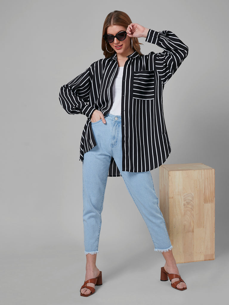 Style Quotient Women Black and White Stripe Printed Poly Crepe Oversized Casual Shirt-Shirts-StyleQuotient