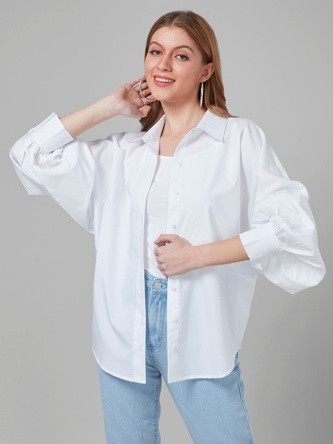 Style Quotient Women White Solid Poly Cotton Oversized Casual Shirt-Shirts-StyleQuotient