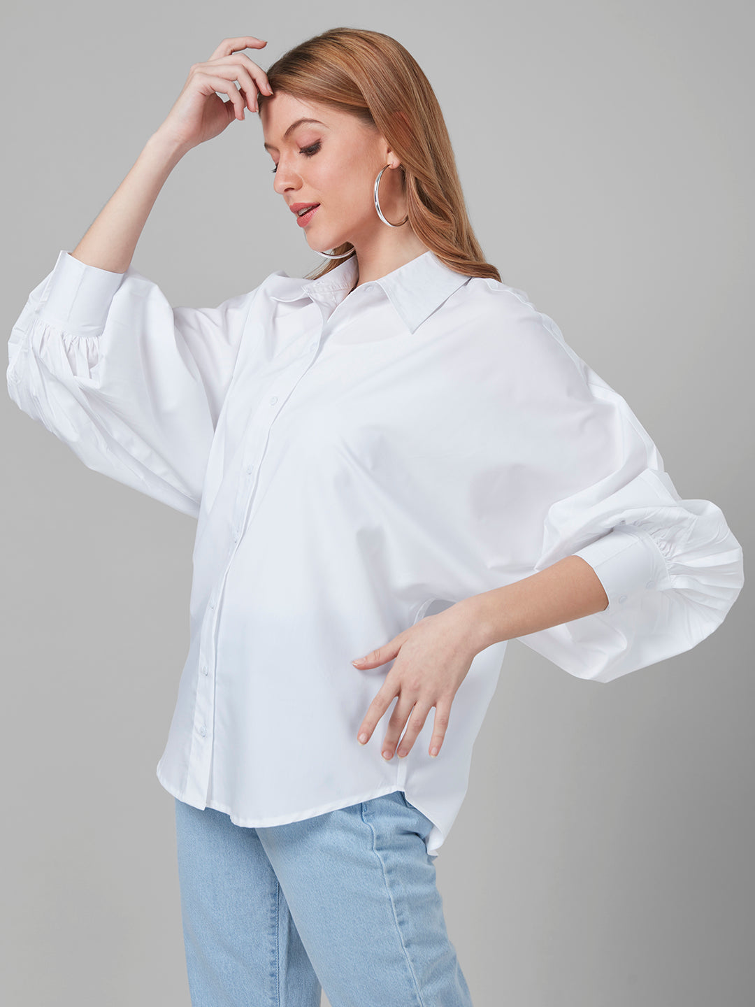 Style Quotient Women White Solid Poly Cotton Oversized Casual Shirt-Shirts-StyleQuotient