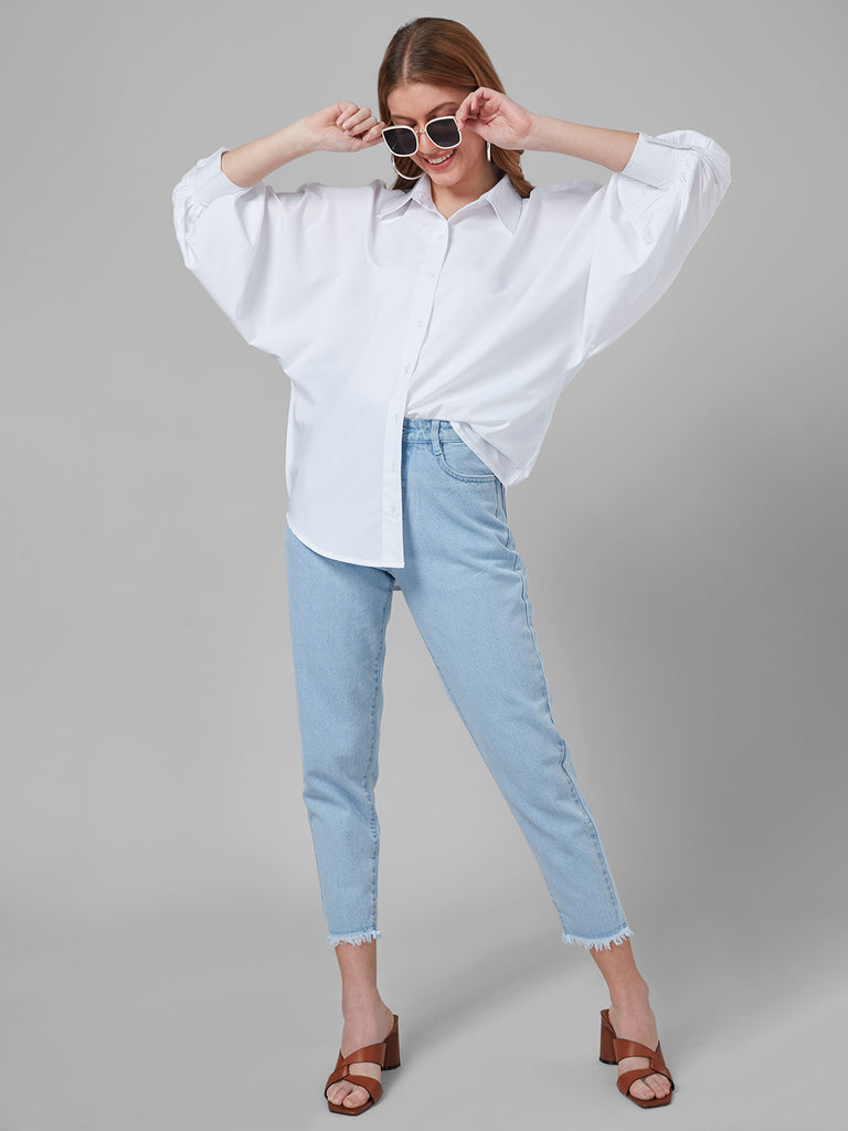 Style Quotient Women White Solid Poly Cotton Oversized Casual Shirt-Shirts-StyleQuotient