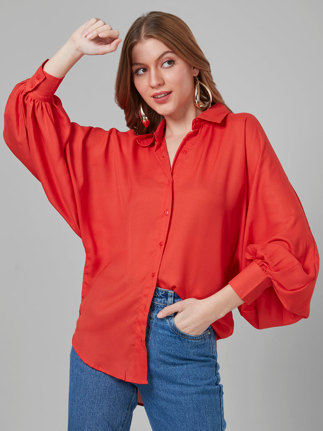 Style Quotient Women Solar Orange Solid Poly Crepe Oversized Casual Shirt-Shirts-StyleQuotient