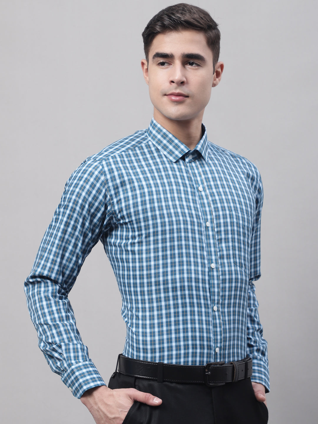 Style Quotient Men Blue and White Checked Polycotton Slim Fit Formal Shirt-Mens Shirt-StyleQuotient