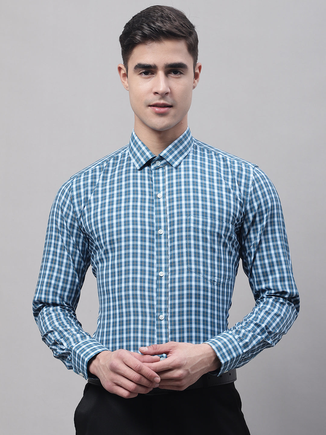 Style Quotient Men Blue and White Checked Polycotton Slim Fit Formal Shirt-Mens Shirt-StyleQuotient