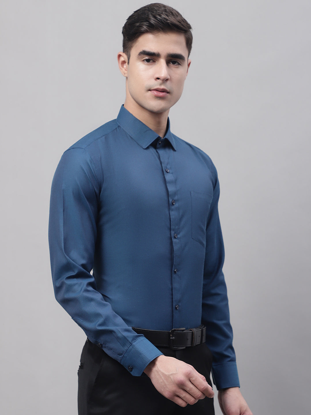 Style Quotient Men Blue Solid Self Design Polycotton Regular Fit Formal Shirt-Mens Shirt-StyleQuotient