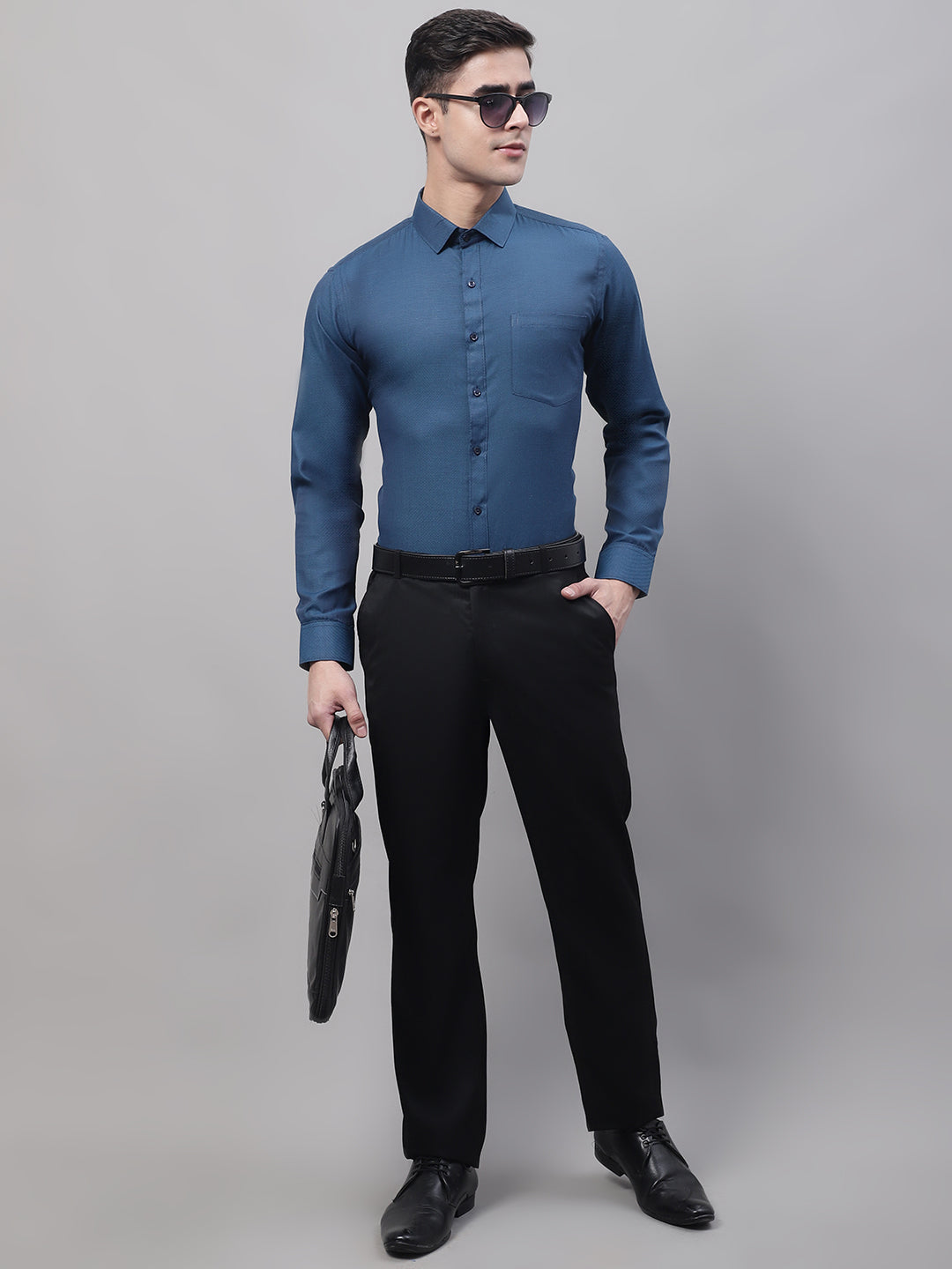 Style Quotient Men Blue Solid Self Design Polycotton Regular Fit Formal Shirt-Mens Shirt-StyleQuotient