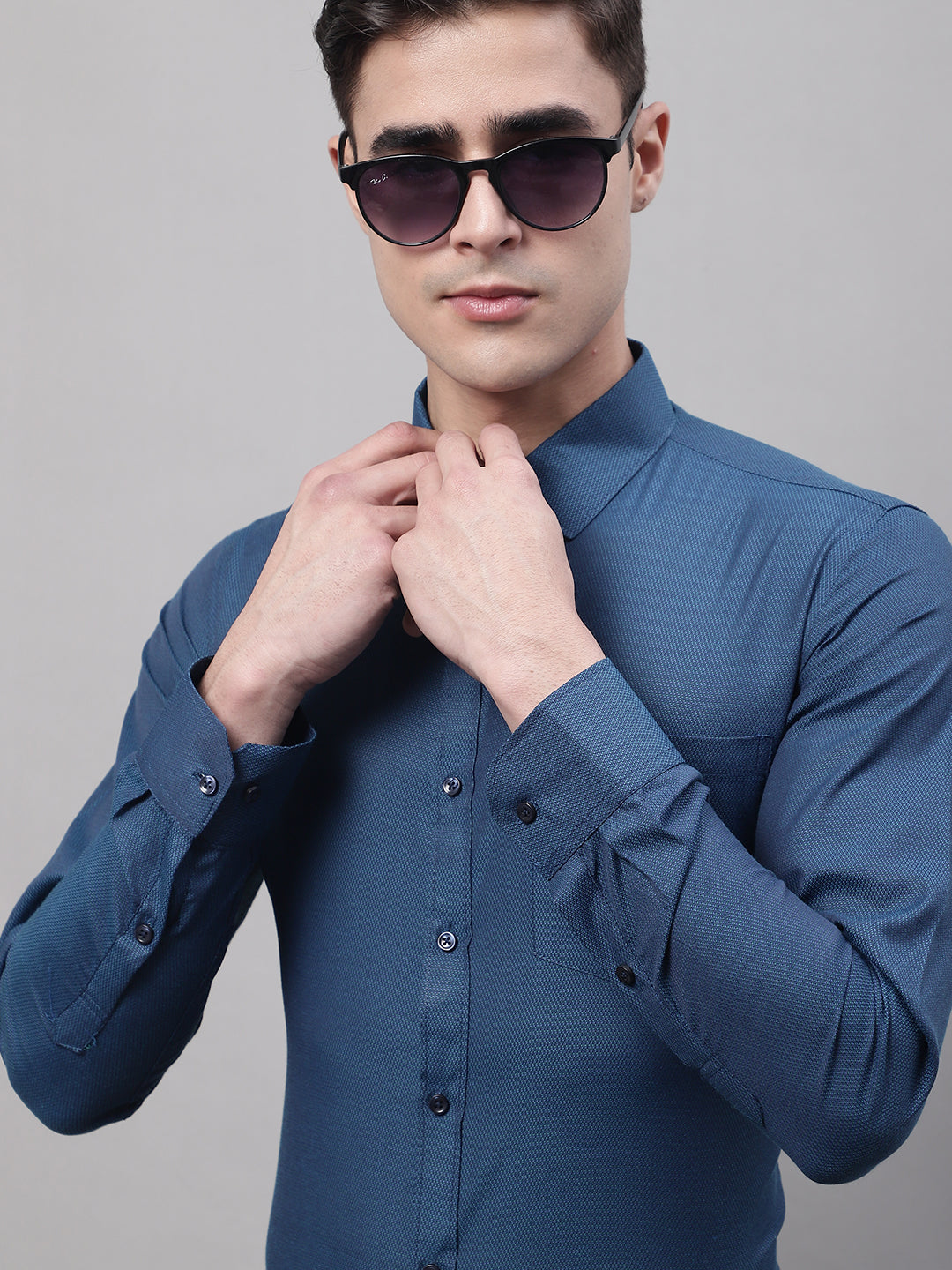 Style Quotient Men Blue Solid Self Design Polycotton Regular Fit Formal Shirt-Mens Shirt-StyleQuotient