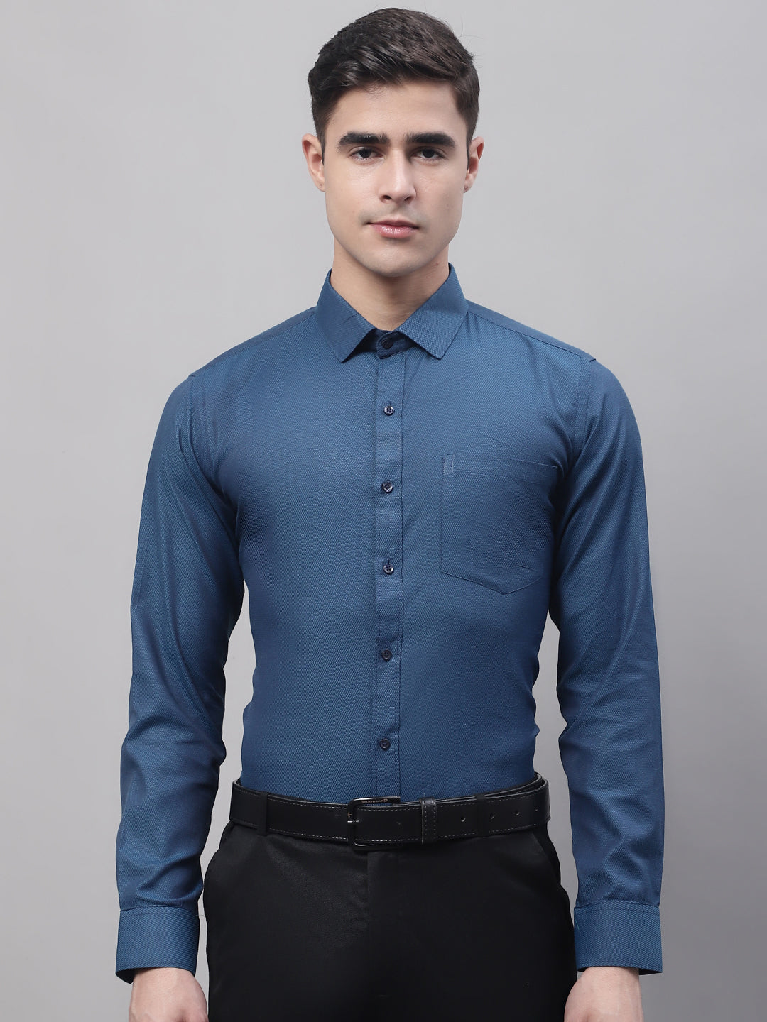 Style Quotient Men Blue Solid Self Design Polycotton Regular Fit Formal Shirt-Mens Shirt-StyleQuotient