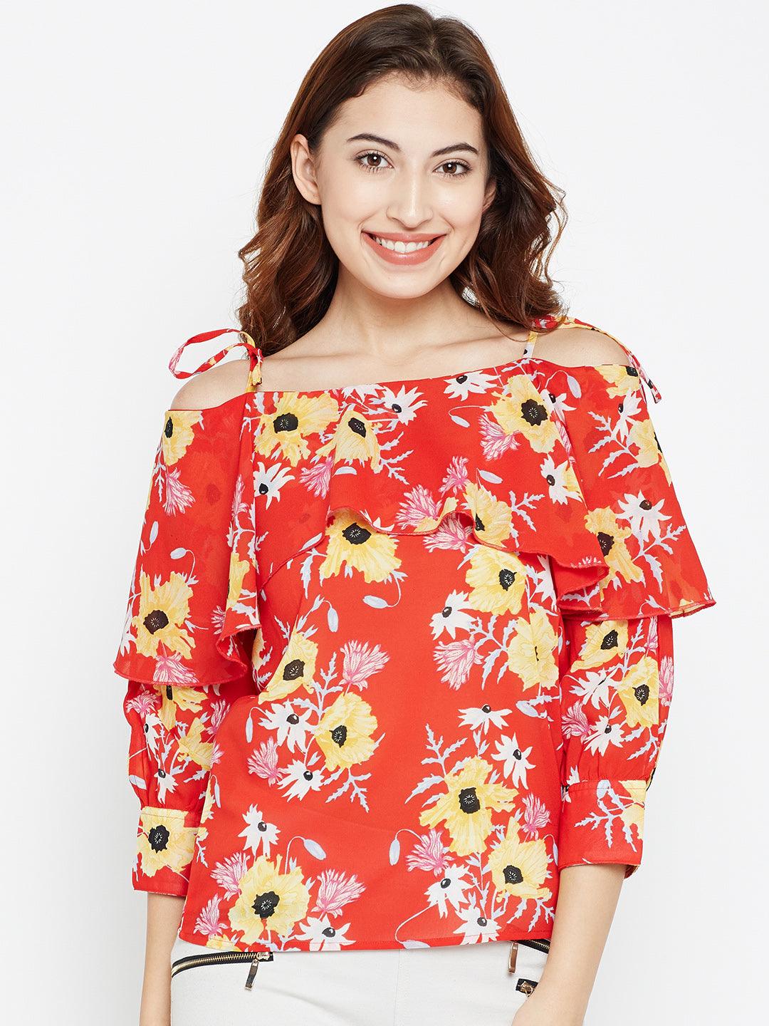 Women Red & Yellow Floral Print Layered Bardot Top-Tops-StyleQuotient