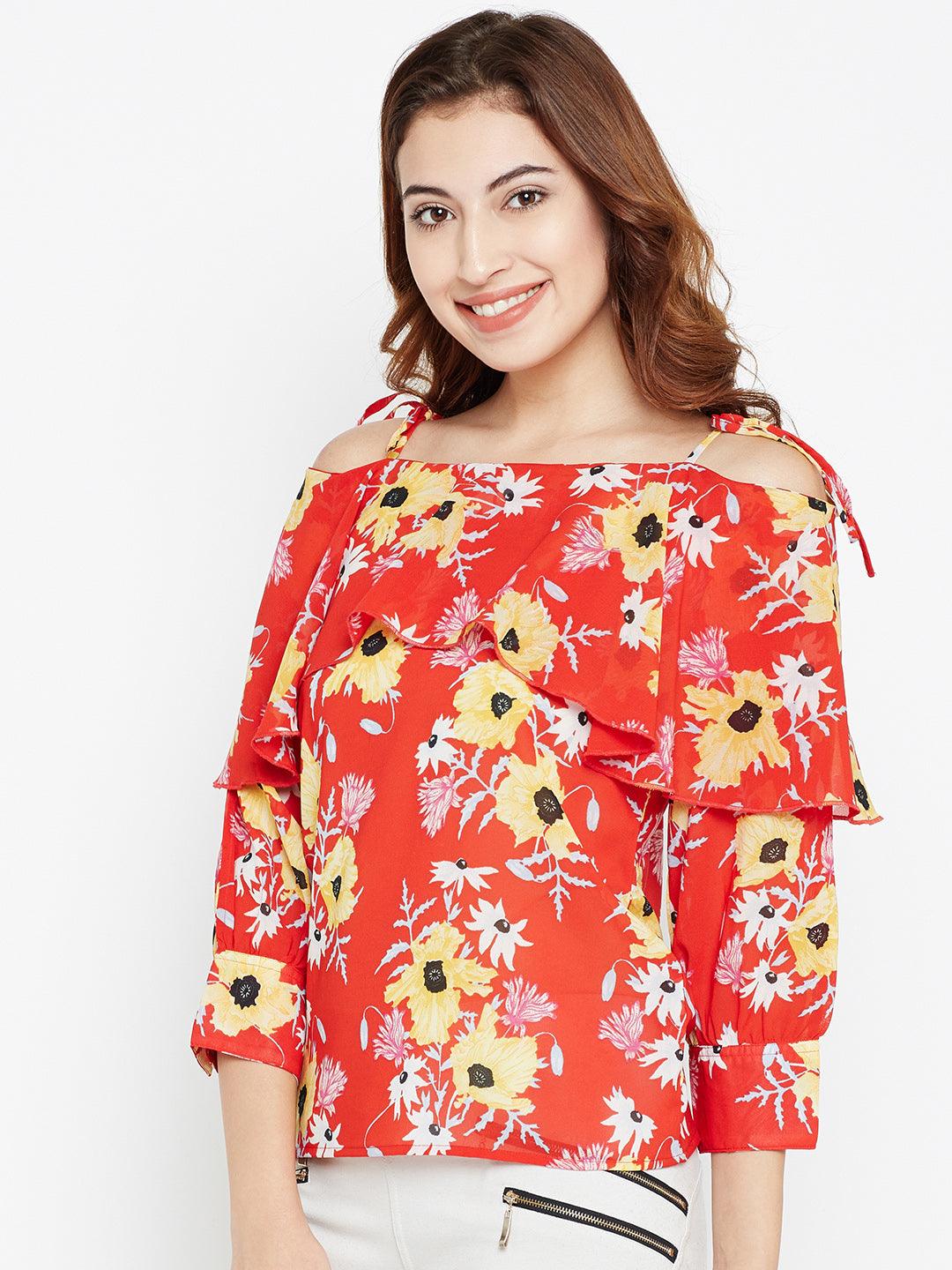 Women Red & Yellow Floral Print Layered Bardot Top-Tops-StyleQuotient