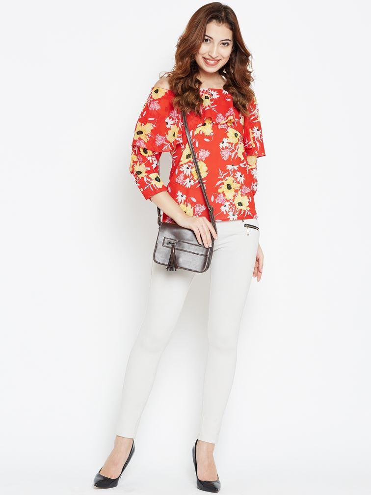 Women Red & Yellow Floral Print Layered Bardot Top-Tops-StyleQuotient