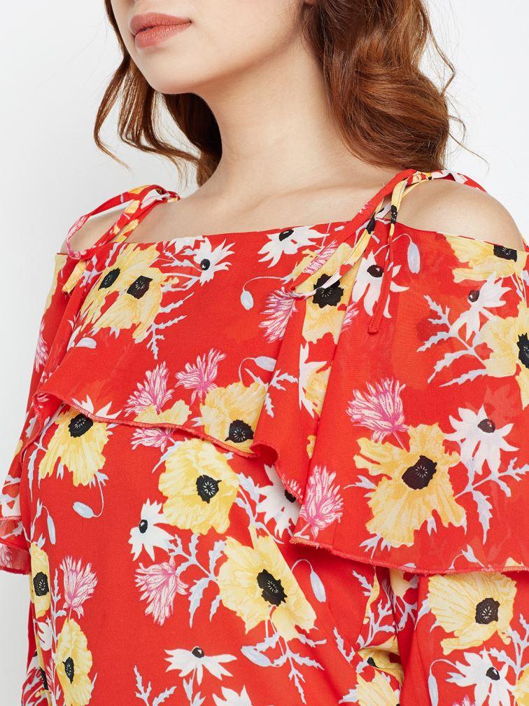 Women Red & Yellow Floral Print Layered Bardot Top-Tops-StyleQuotient