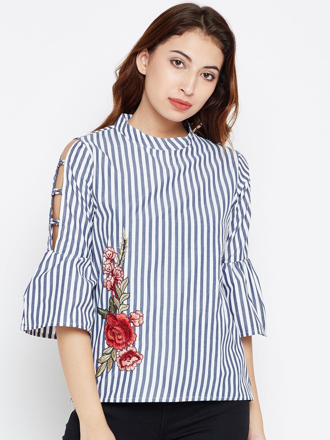 Women Blue & White Striped Top-Tops-StyleQuotient