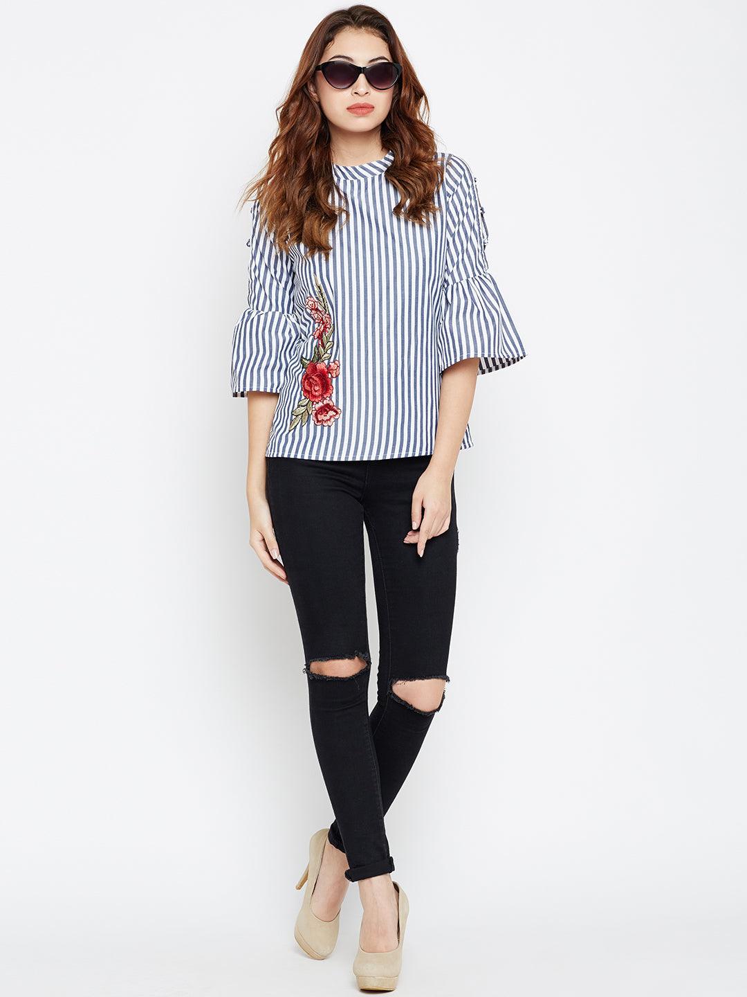 Women Blue & White Striped Top-Tops-StyleQuotient