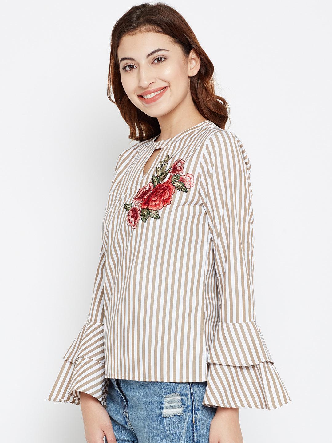 Women White & Beige Striped Top-Tops-StyleQuotient