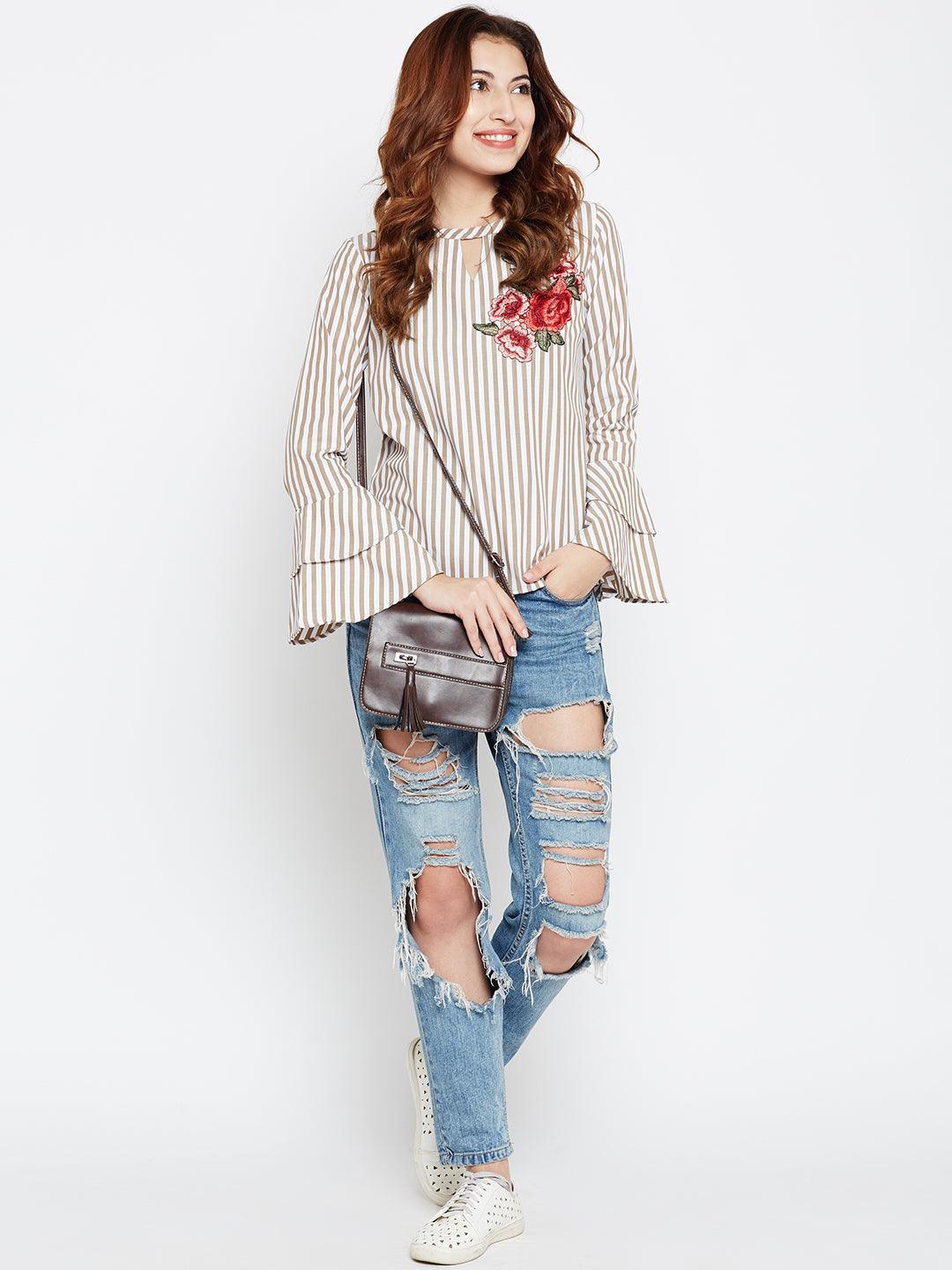 Women White & Beige Striped Top-Tops-StyleQuotient