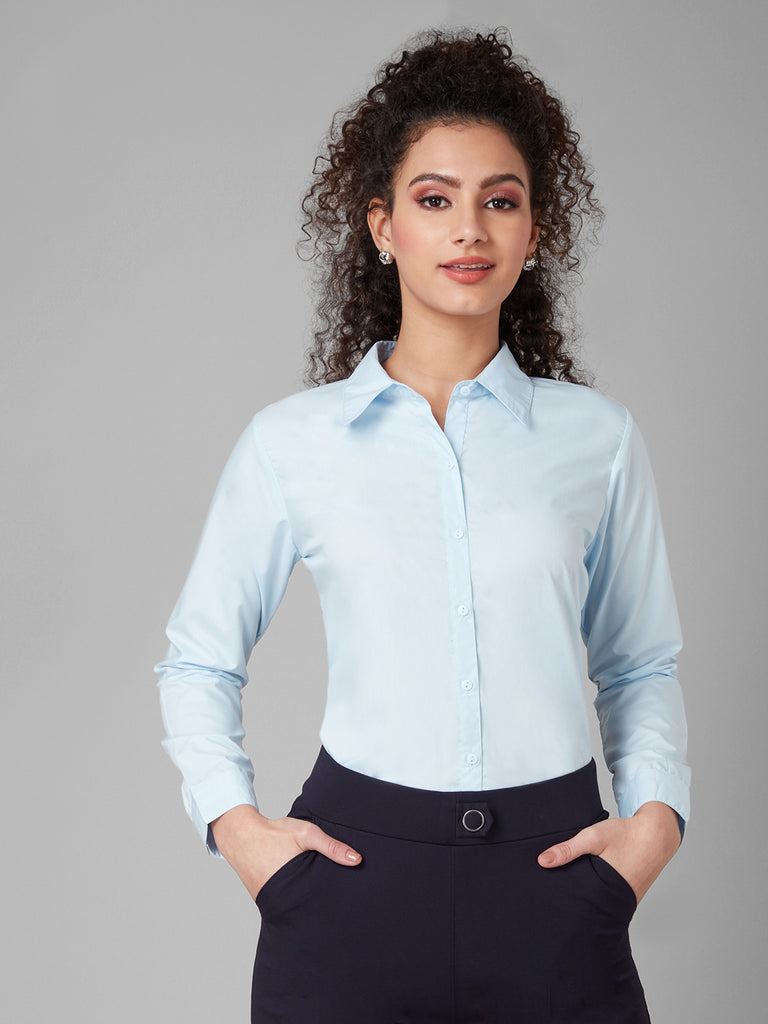 Style Quotient Women Solid Sky Blue PolyCotton Regular Formal Shirt-Shirts-StyleQuotient
