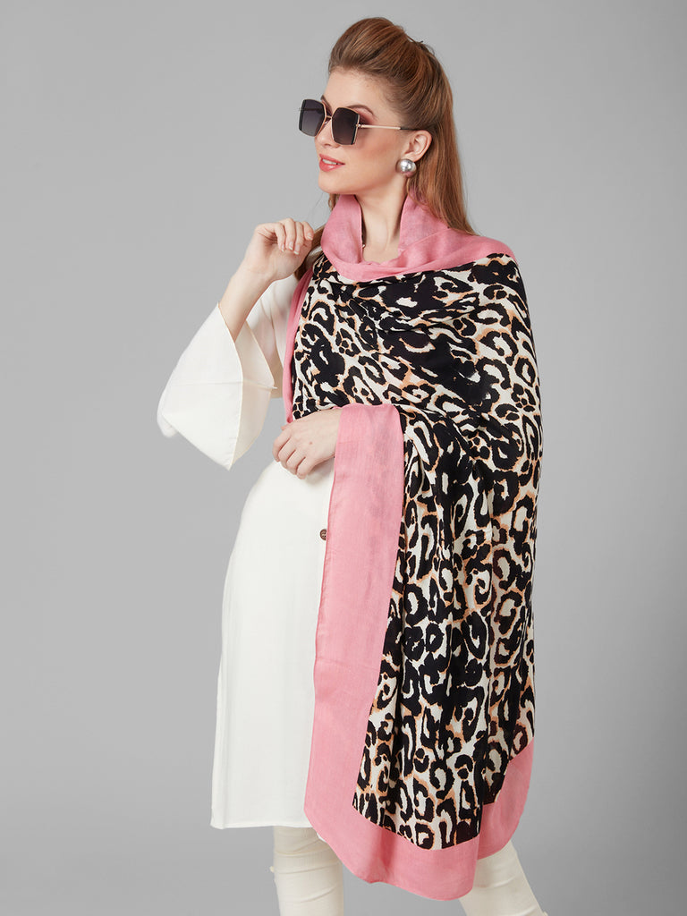 Style Quotient Women Pink and Multi Animal Printed Contrast Border Viscose Rayon Smart Casual Shawl-Shawl-StyleQuotient