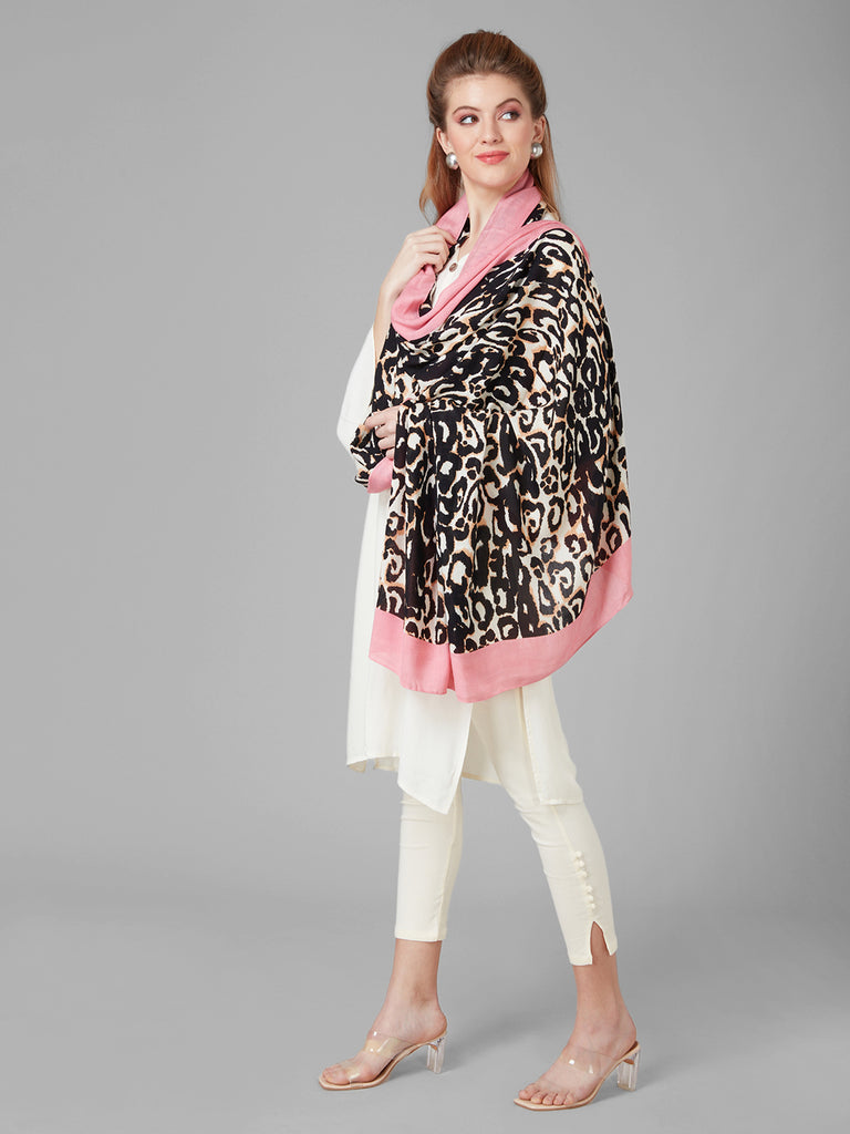 Style Quotient Women Pink and Multi Animal Printed Contrast Border Viscose Rayon Smart Casual Shawl-Shawl-StyleQuotient