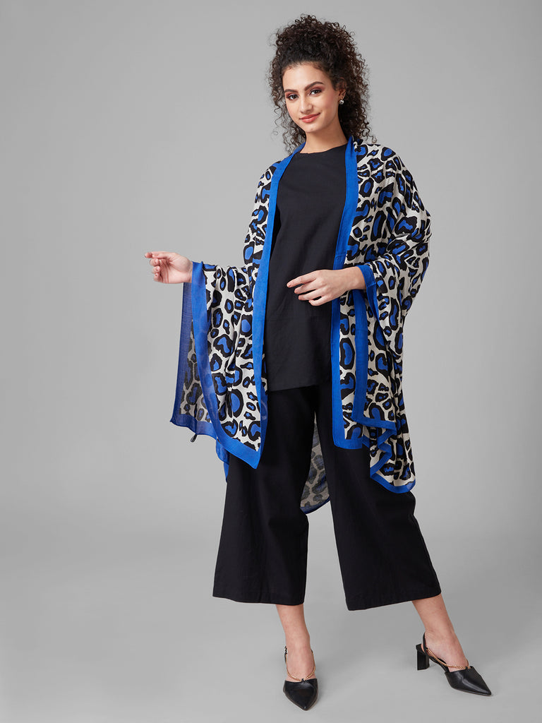 Style Quotient Women Royal Blue and White Animal Printed Contrast Border Viscose Rayon Smart Casual Shawl-Shawl-StyleQuotient