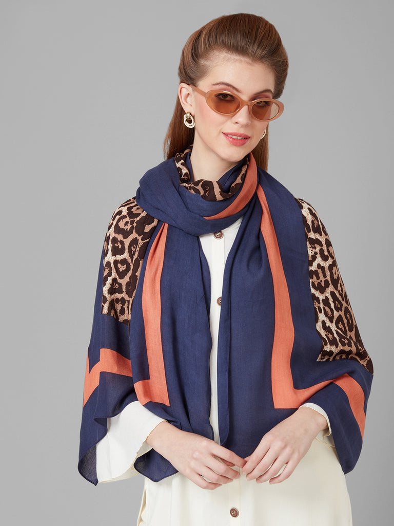 Style Quotient Women Blue and Multi Animal Printed Contrast Border Viscose Rayon Smart Casual Shawl-Shawl-StyleQuotient