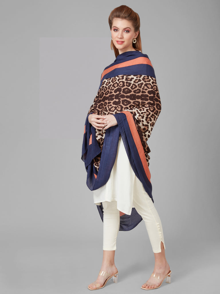 Style Quotient Women Blue and Multi Animal Printed Contrast Border Viscose Rayon Smart Casual Shawl-Shawl-StyleQuotient
