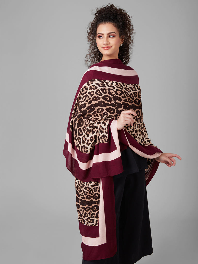 Style Quotient Women Maroon and Multi Animal Printed Contrast Border Viscose Rayon Smart Casual Shawl-Shawl-StyleQuotient