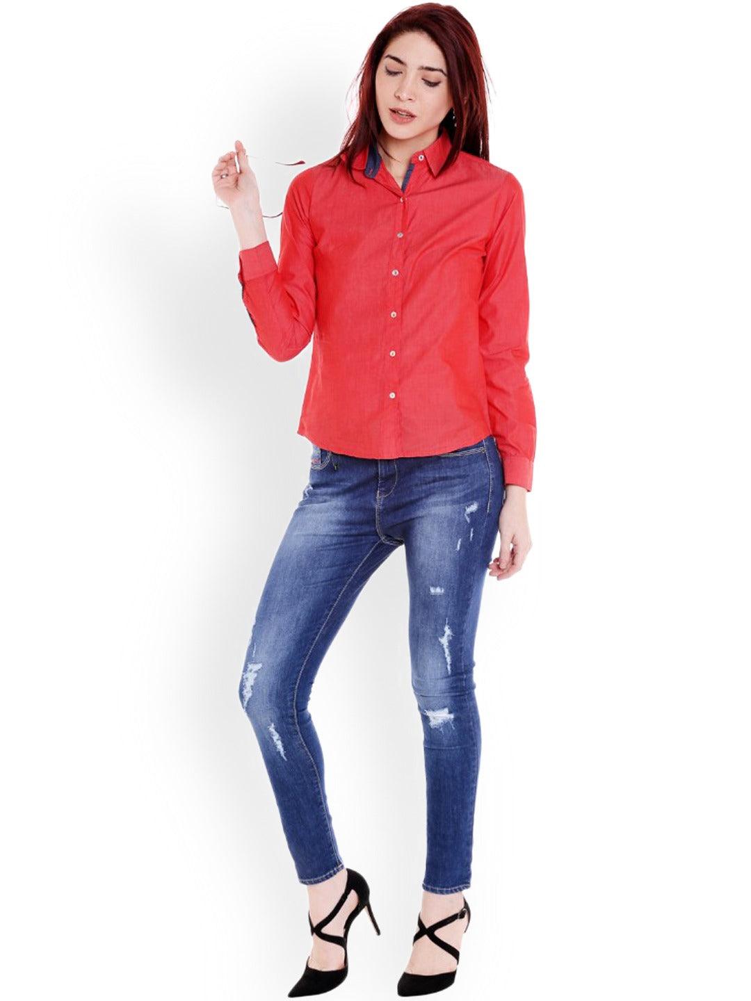 Women Red Relaxed Regular Fit Solid Casual Shirt-Shirts-StyleQuotient