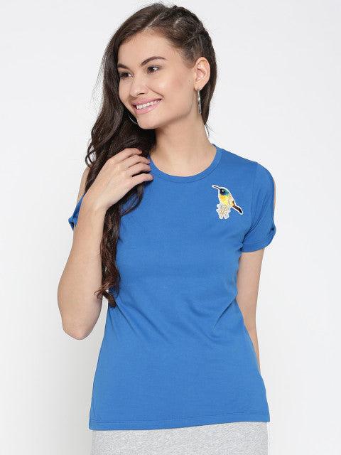 Women Blue Solid Round Neck T-shirt-Tshirt-StyleQuotient