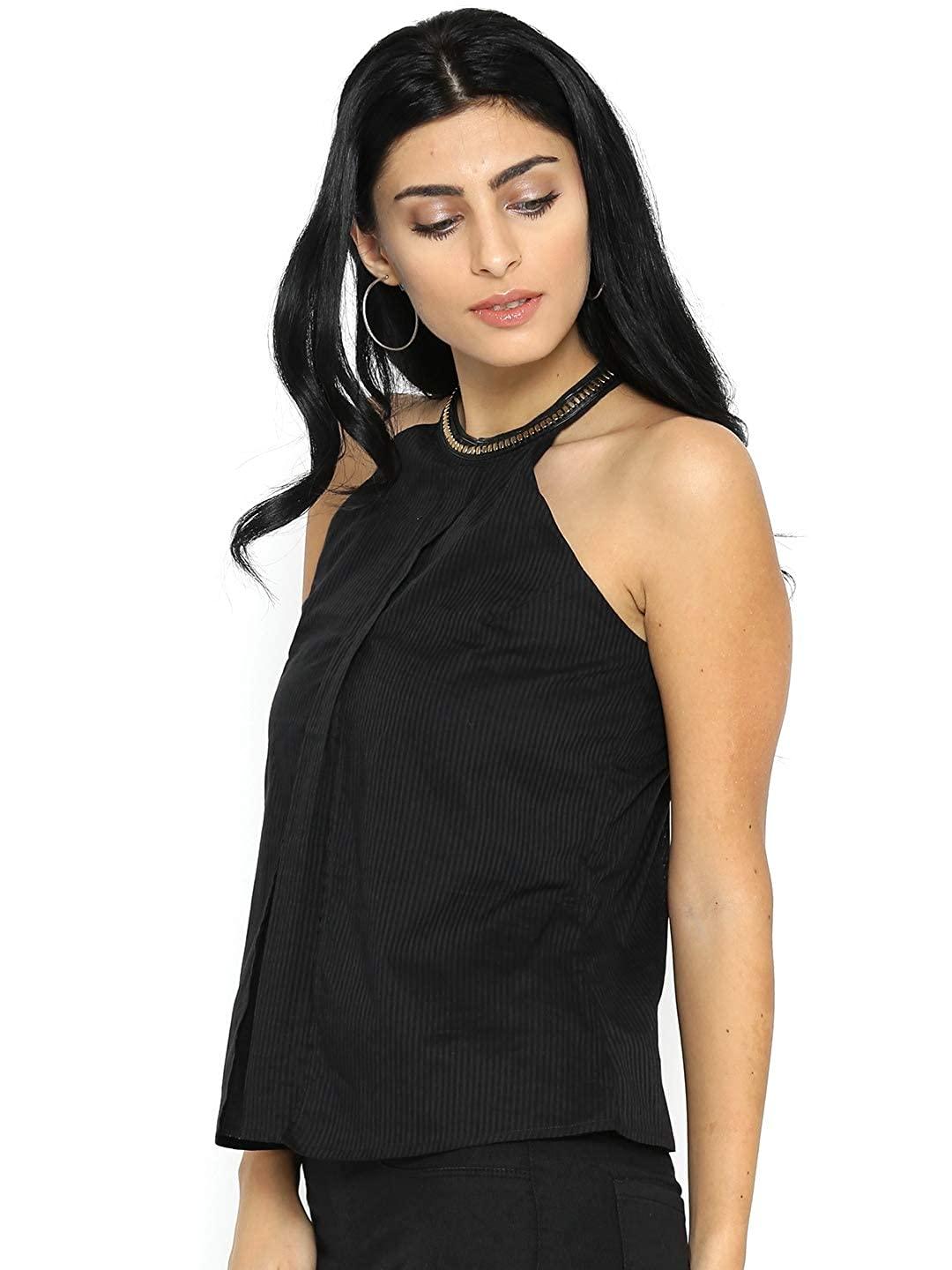 Style Quotient Women Black Round Neck Striped Fashion Tops-Tops-StyleQuotient