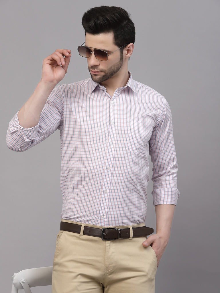 Style Quotient Men White And Peach Checks Yarn Dyed PolyCotton Regular Formal Shirt-Mens Shirt-StyleQuotient