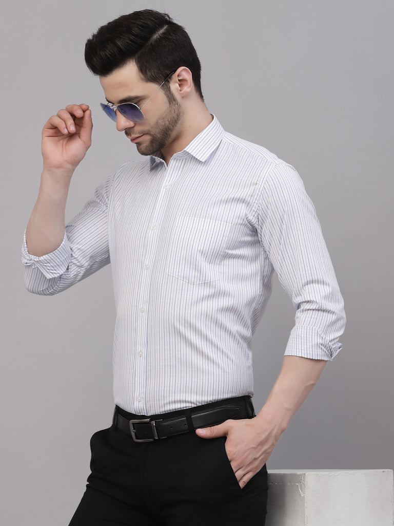 Style Quotient Men White And Blue Stripe PolyCotton Regular Formal Shirt-Mens Shirt-StyleQuotient