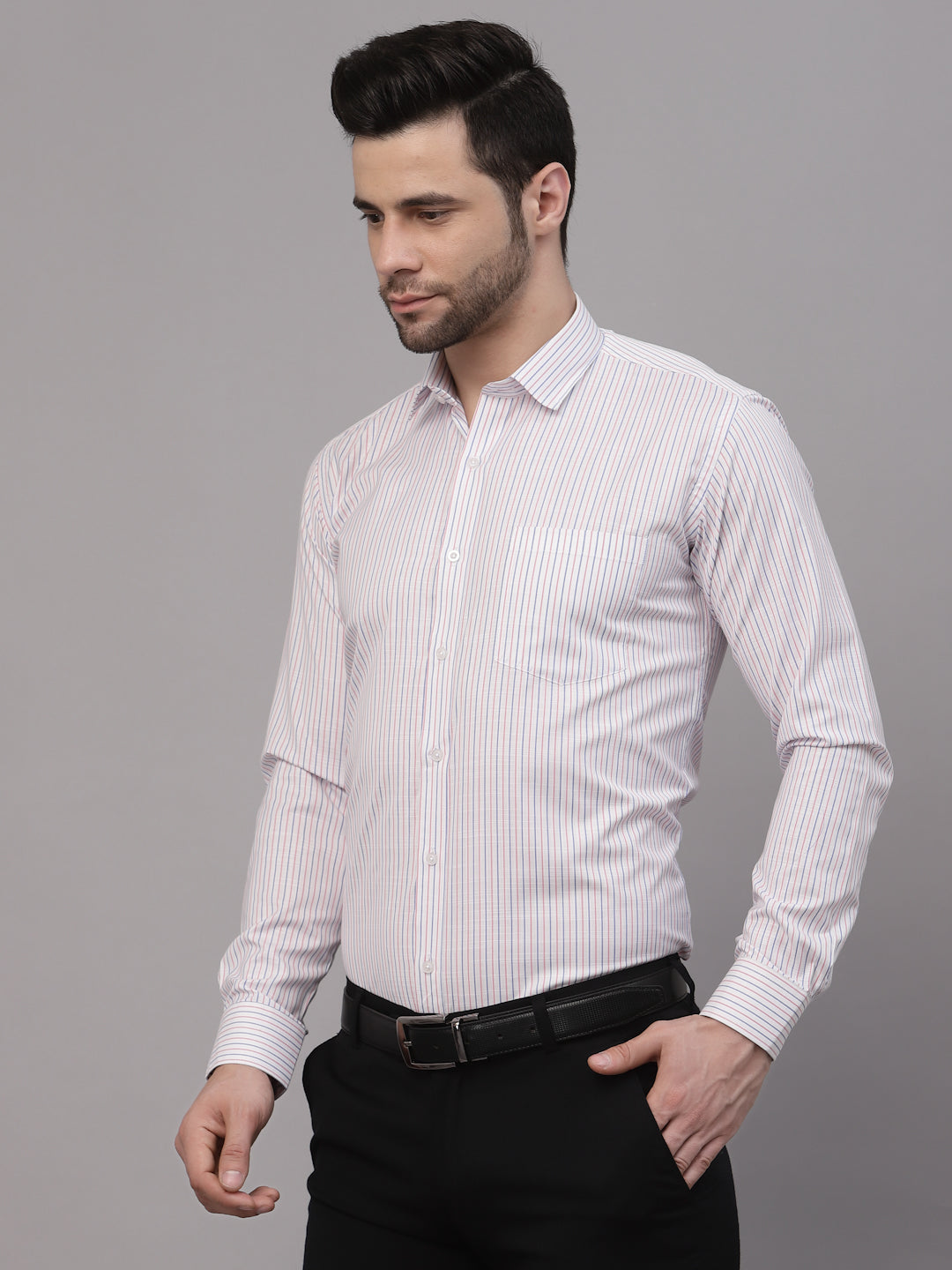 Style Quotient Men White And Peach Hairline Stripe YarnDyed PolyCotton Regular Formal Shirt-Mens Shirt-StyleQuotient