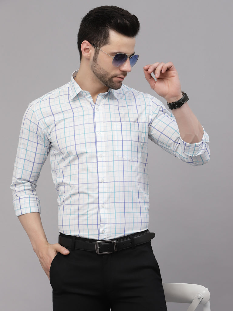 Style Quotient Men White,Sea Green And Multi Checked PolyCotton Regular Formal Shirt-Mens Shirt-StyleQuotient