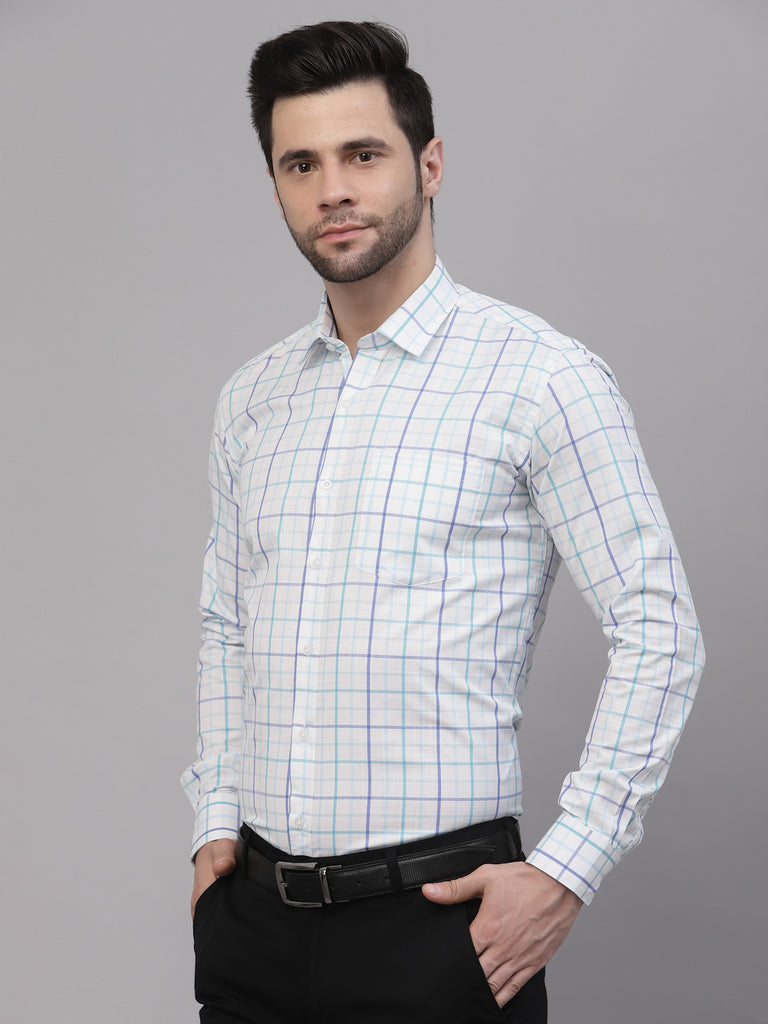 Style Quotient Men White,Sea Green And Multi Checked PolyCotton Regular Formal Shirt-Mens Shirt-StyleQuotient