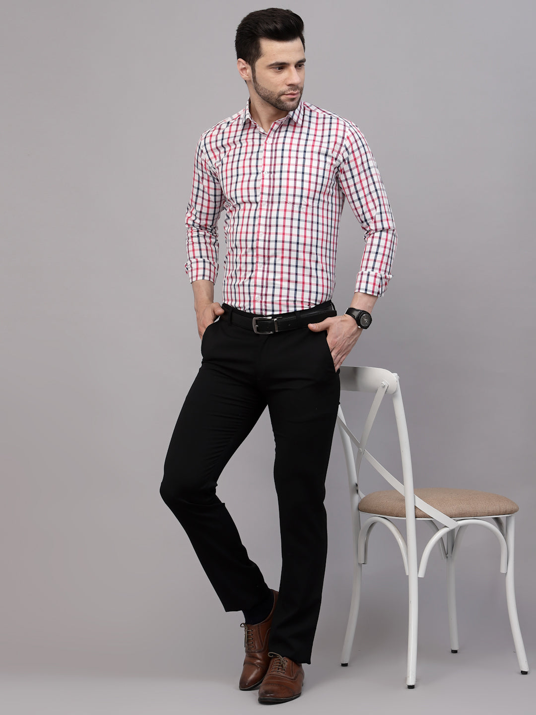 Style Quotient Men White And Maroon Checks Yarn Dyed PolyCotton Regular Formal Shirt-Mens Shirt-StyleQuotient