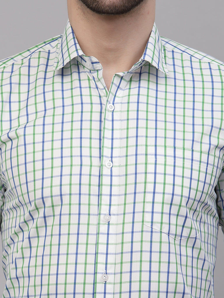 Style Quotient Men White And Green Checks Yarn Dyed PolyCotton Regular Formal Shirt-Mens Shirt-StyleQuotient